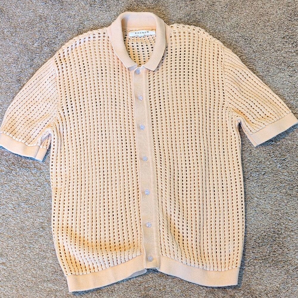 TitlePacSun Mens Med Open Knit Crochet Button Up Polo Shirt Medium Cream Tan